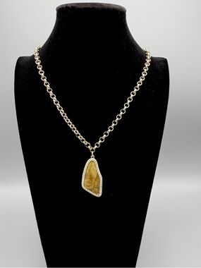Chico’s Gold Tone Necklace Statement Pendant 38” Chain Stone Drop